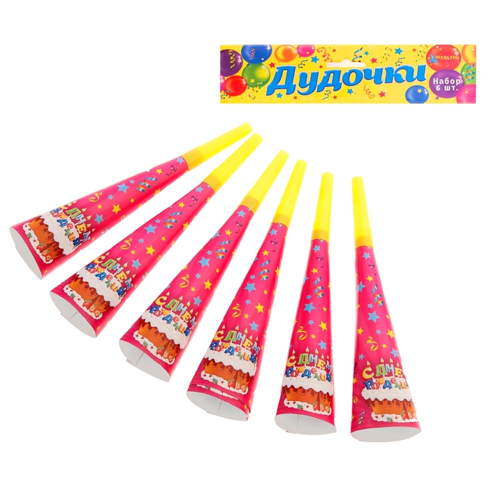 Дудка-гудок "С днём рождения! Тортик", набор 6 шт., 21 см