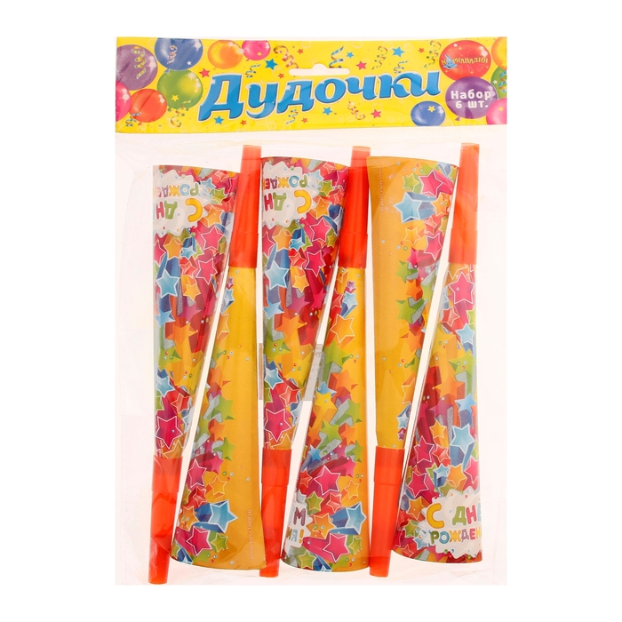 Дудка-гудок "С днем рождения"звезды, (набор 6 шт), р-р 21 см