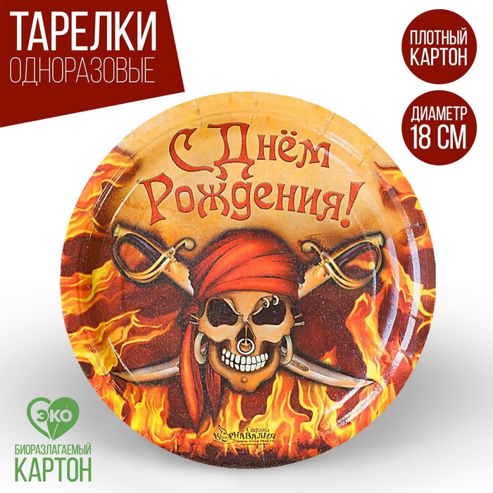 Набор бумажных тарелок "С Днём Рождения", пират, 18 см, 6 шт.