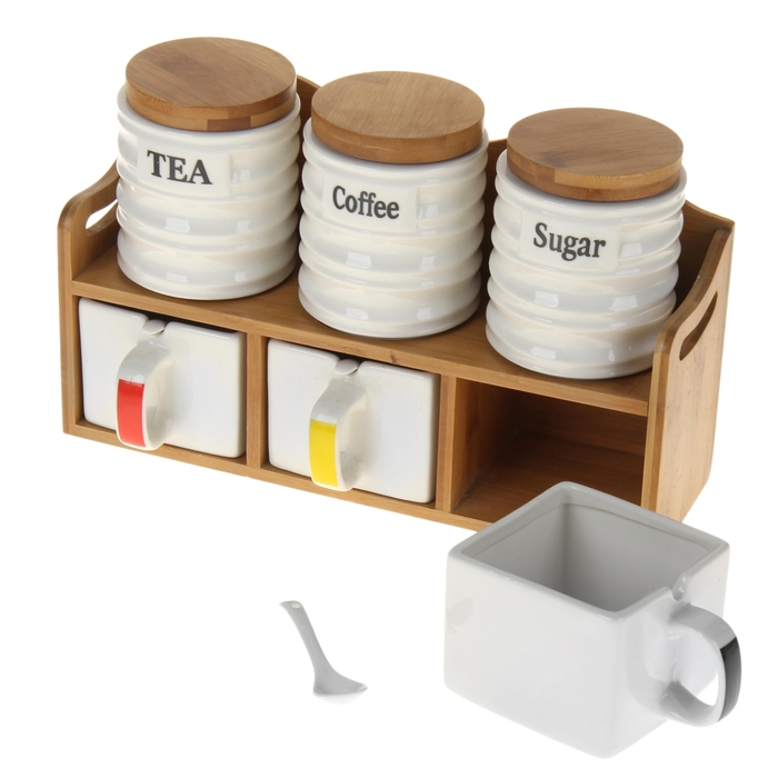 Набор банок для сыпучих продуктов 500/600 мл "Эстет", 6 шт, на деревянной подставке