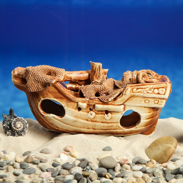 Декорации для аквариума "Корабль средний" коричневый
