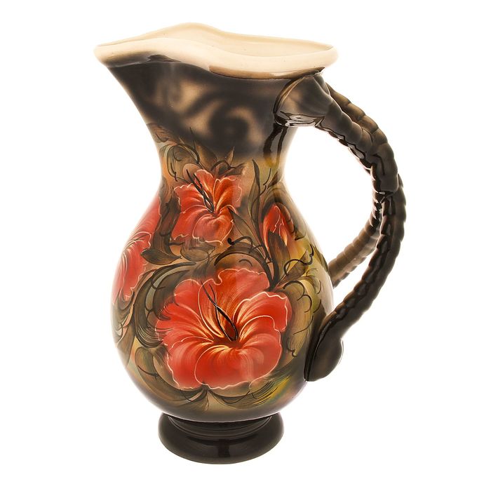 Ваза напольная "Кувшин" красные цветы, чёрная