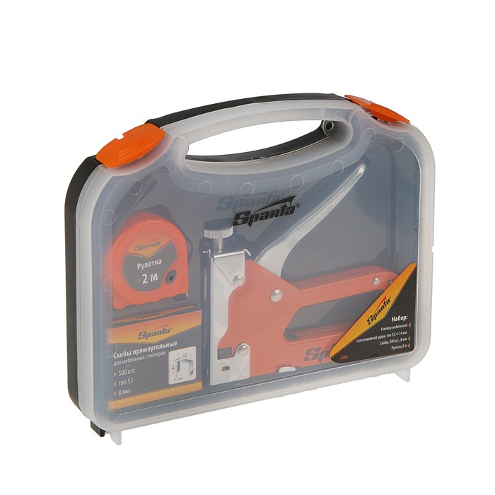 Набор Sparta: степлер мебельный 4-14 мм, тип скоб 53 - 500 шт, рулетка 2 м