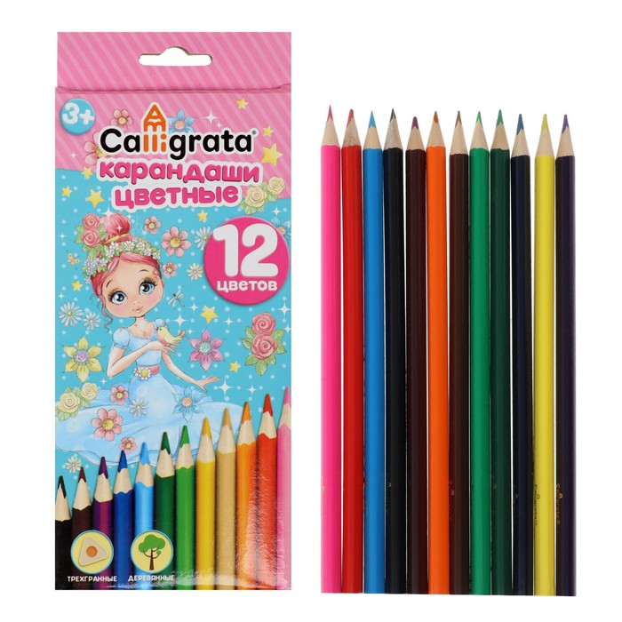 Карандаши цветные 12 цветов Принцесса, корпус деревянный, треугольный карандаши цветные для малышей набор 8 цветов maxi jumbo mattel fisher price деревянный корпус картонная упаковка