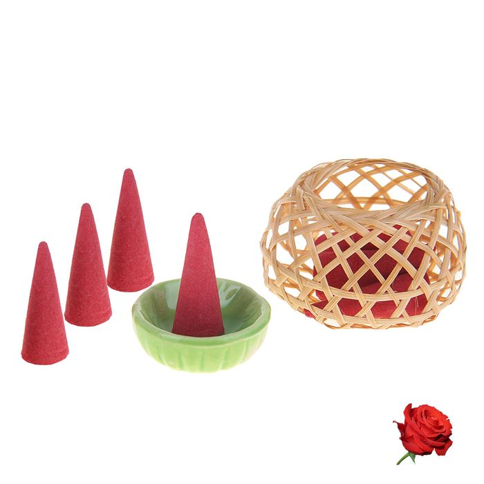 Набор благовоний "Корзинка": 8 конусов, подставка, аромат роза, цвета МИКС