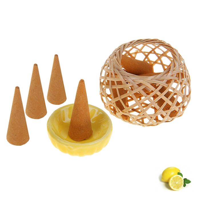 Набор благовоний "Корзинка": 8 конусов, подставка, аромат лимон, цвета МИКС