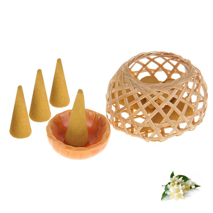 Набор благовоний "Корзинка": 8 конусов, подставка, аромат жасмин, цвета МИКС