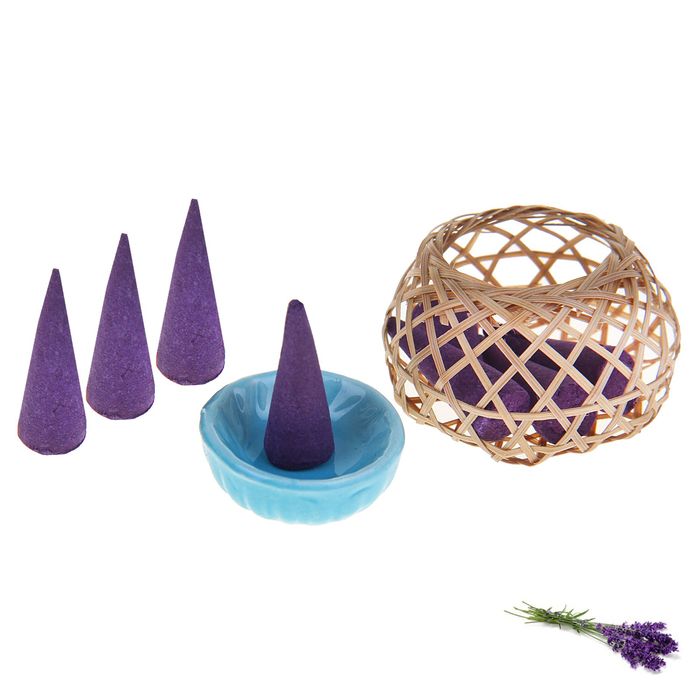 Набор благовоний "Корзинка": 8 конусов, подставка, аромат лаванда, цвета МИКС