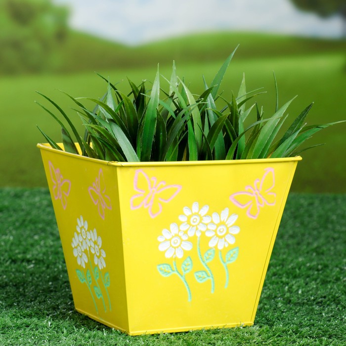 Кашпо оцинкованное "Цветочки-бабочки" квадратное, микс