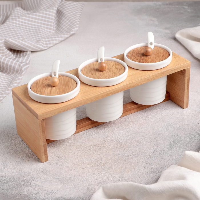 Набор банок для сыпучих продуктов 150 мл "Эстет", 3 шт, с ложками, на деревянной подставке