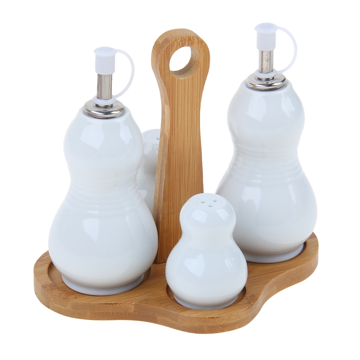 Набор для специй и масел "Эстет", 4 предмета на деревянной подставке: солонка, перечница, 2 соусника