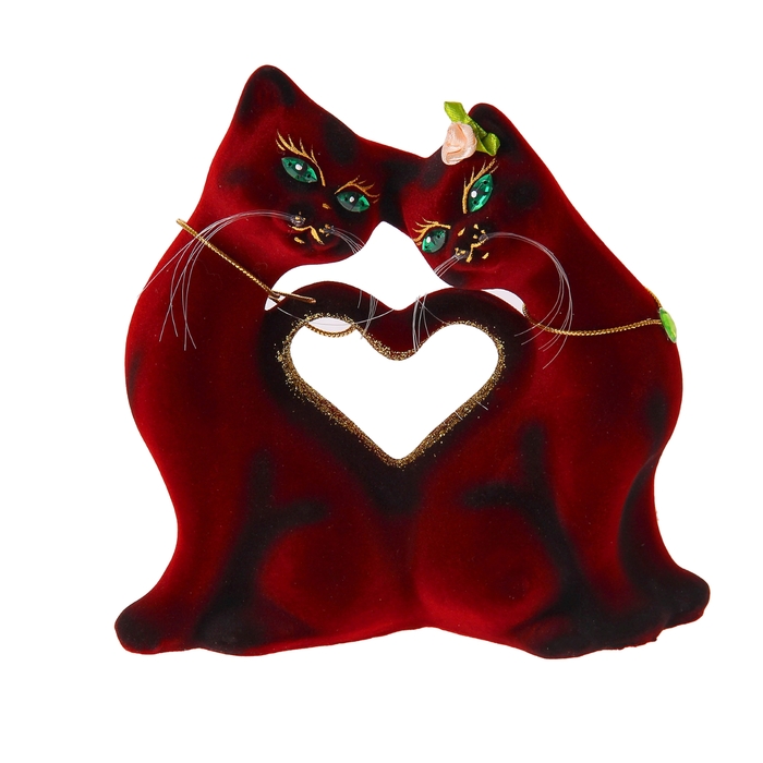 Копилка "Кошки" сердце, малая, флок, бордовая, зелёная страз