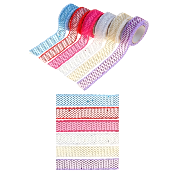 Клейкая лента декоративная текстиль "Сеточка с пайетками" МИКС