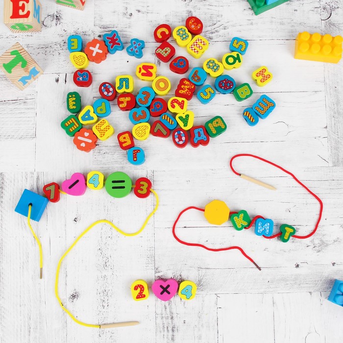 Шнуровка в банке "Учимся счёту и чтению", 60 элементов, цвета МИКС