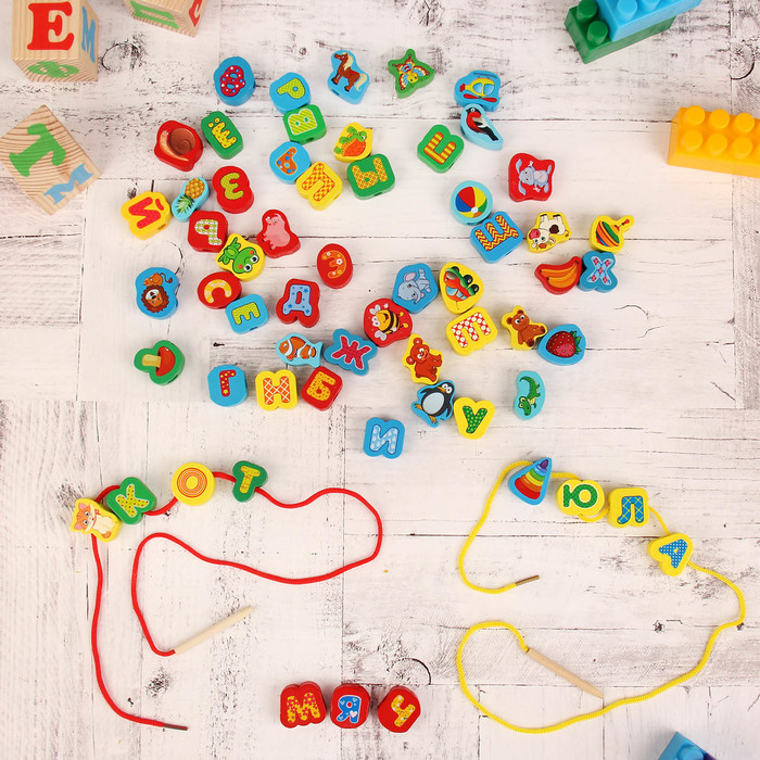Шнуровка в банке "Изучаем буквы", 60 элементов, цвета МИКС