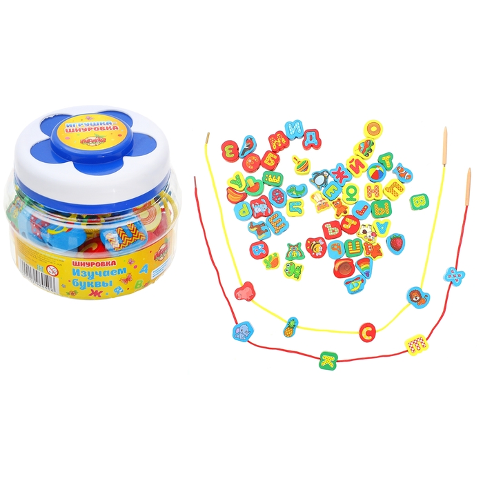 Шнуровка в банке "Изучаем буквы", 60 элементов, цвета МИКС
