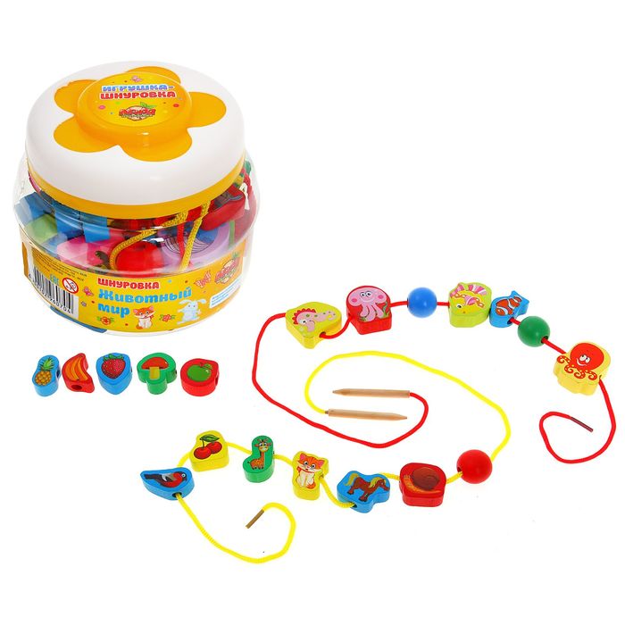 Шнуровка в банке "Изучаем животный мир", 60 элементов, цвета МИКС