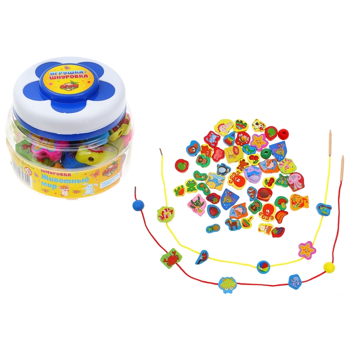 Шнуровка в банке "Изучаем животный мир", 60 элементов, цвета МИКС