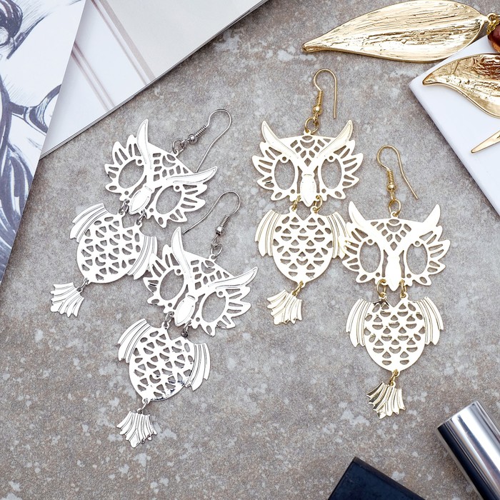 Серьги висячие "Шелест" сова, цвет МИКС