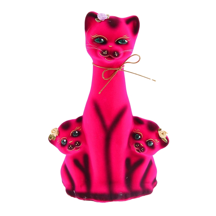 Копилка "Кошка с котятами" флок, малиновая