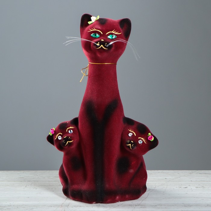 Копилка "Кошка с котятами" флок, бордовая