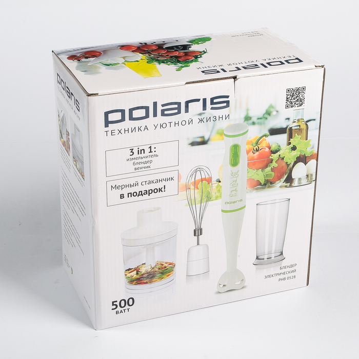 Блендер ручной Polaris PHB 0528, 3в1, 500Вт, 2 скорости, белый/зеленый