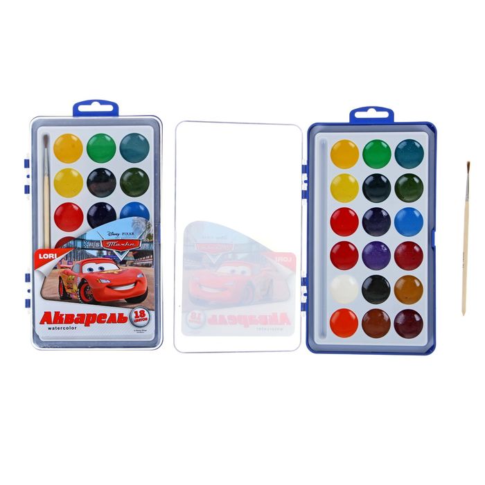 Акварель Disney «Тачки», 18 цветов, в пластиковой коробке, с кистью