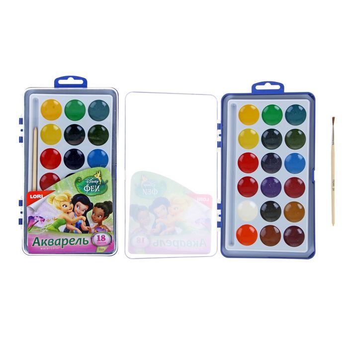 Акварель Disney «Феи», 18 цветов, в пластиковой коробке, с кистью