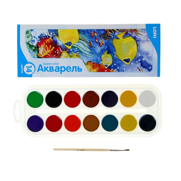 Акварель Lori «Рыбки», 14 цветов, в картонной коробке, с кистью