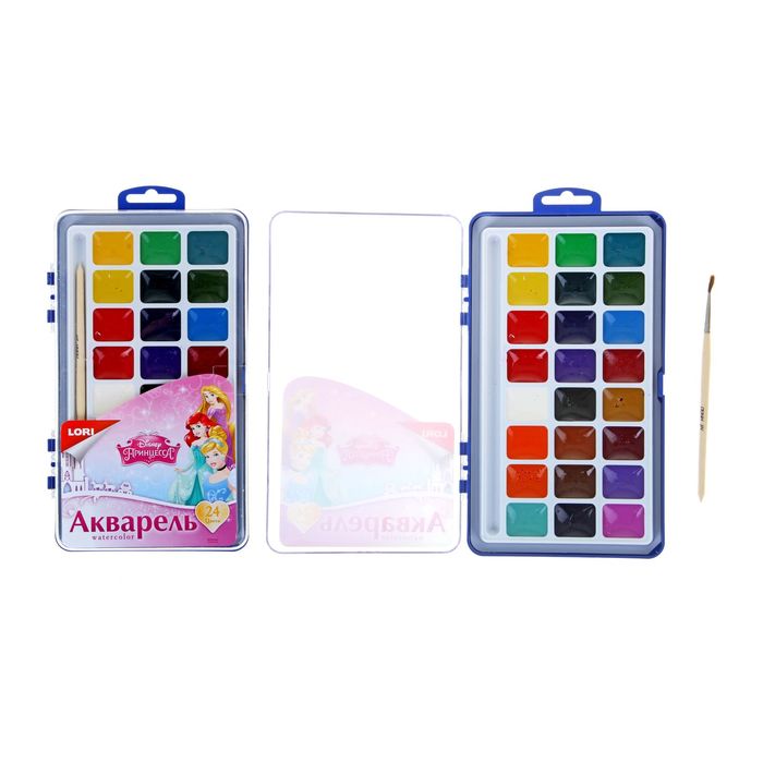 Акварель Disney «Принцессы», 24 цвета, в пластиковой коробке, с кистью