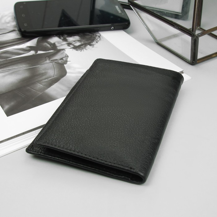 Портмоне мужской, 3 отдела, отдел для карт, 1 наружный карман, чёрный