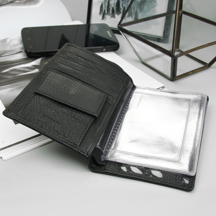 Портмоне мужской, 3 отдела, отдел для карт, 1 наружный карман, чёрный