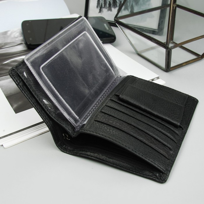 Портмоне мужской, 3 отдела, отдел для карт, 1 наружный карман, чёрный