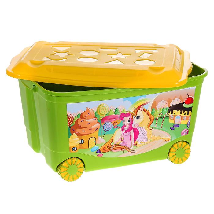 Ящик для игрушек на колёсах с аппликацией, 50 л, цвет зелёный