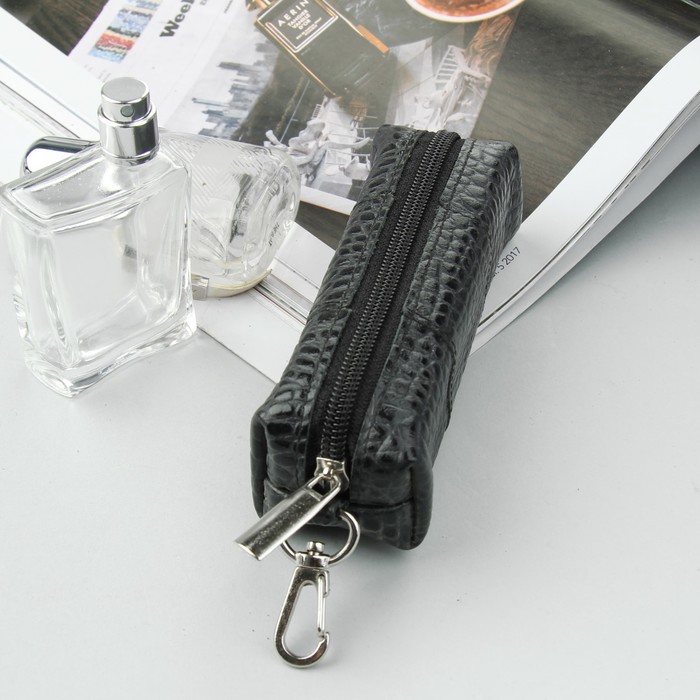 Ключница на молнии, кольцо, карабин, кайман, цвет чёрный