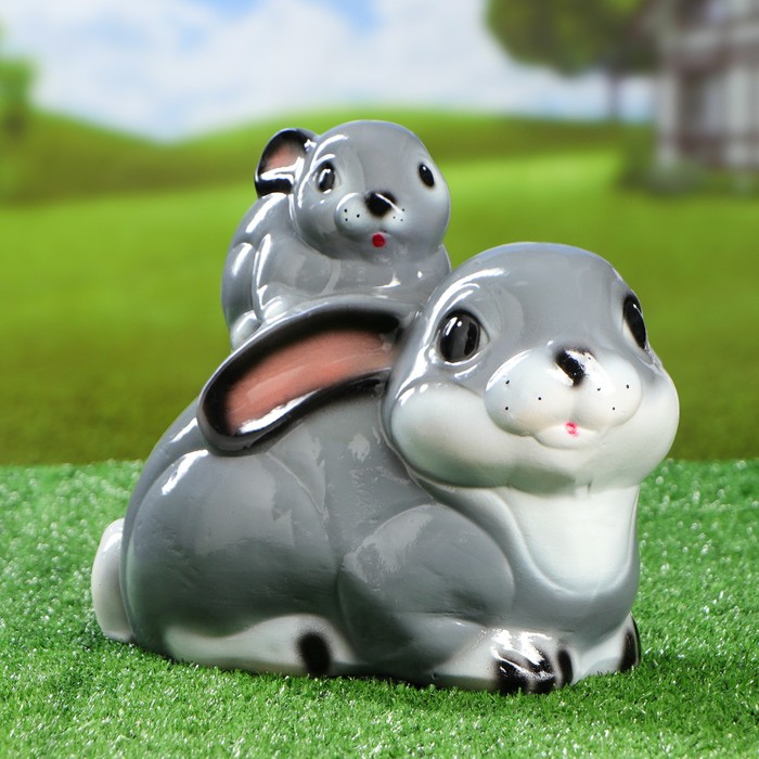 Садовая фигура "Зайчиха с зайчонком" глянец, голубая