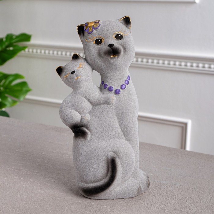 Копилка "Кошка Сьюзи с котёнком" малая, флок, серая