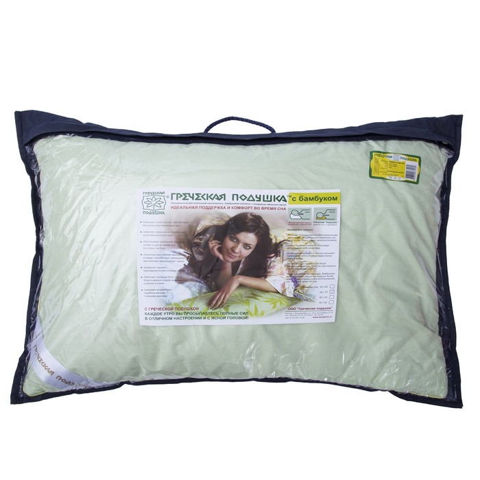 Подушка "Греческая" с волокном бамбука, размер 50х70 см, лузга гречихи, тик