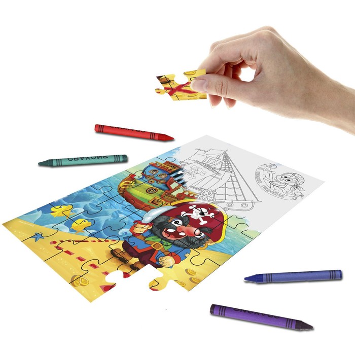 Пазл-раскраска 2 в 1 "В поисках сокровищ" с восковыми карандашами