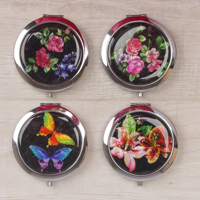 Зеркало складное «Цветы», круглое, двустороннее, с двукратным увеличением, d=7см, цвет МИКС