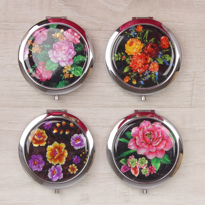 Зеркало складное «Цветы», круглое, двустороннее, с двукратным увеличением, d=7см, цвет МИКС