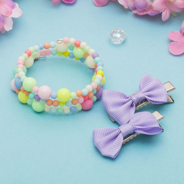 Набор детский "Выбражулька" 3 предмета: 2 заколки, браслет, бантики с бусинками, цвет МИКС