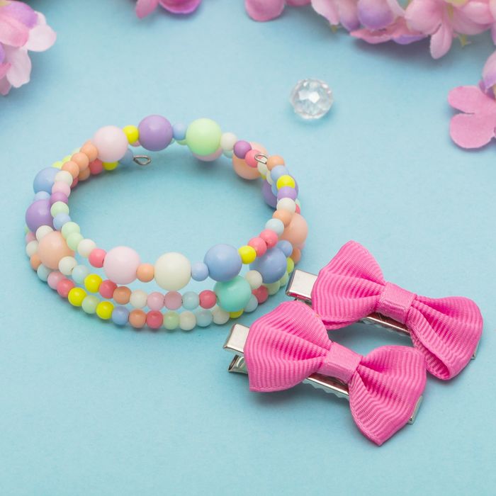 Набор детский "Выбражулька" 3 предмета: 2 заколки, браслет, бантики с бусинками, цвет МИКС
