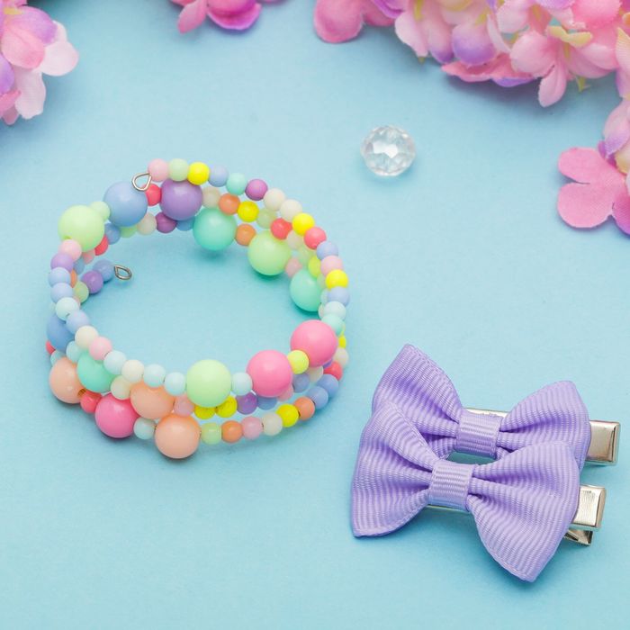 Набор детский "Выбражулька" 3 предмета: 2 заколки, браслет, бантики с бусинками, цвет МИКС