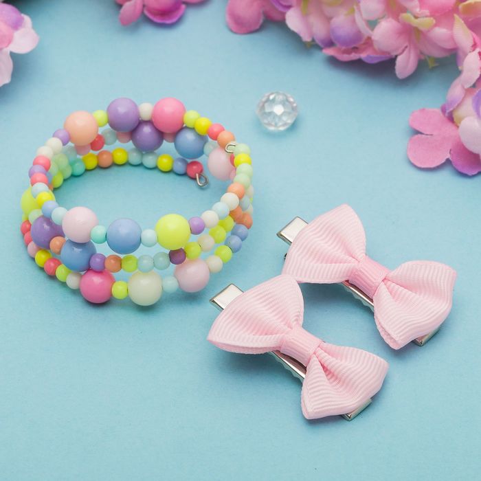 Набор детский "Выбражулька" 3 предмета: 2 заколки, браслет, бантики с бусинками, цвет МИКС