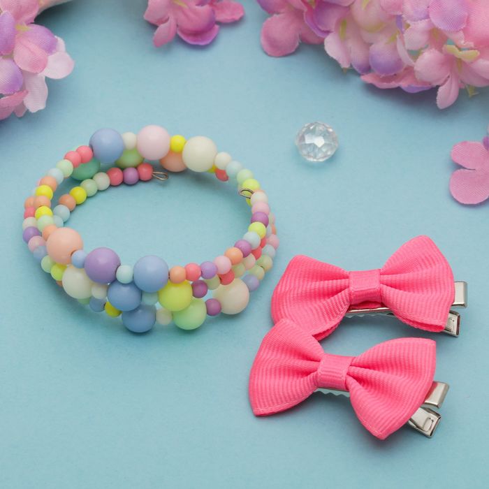 Набор детский "Выбражулька" 3 предмета: 2 заколки, браслет, бантики с бусинками, цвет МИКС