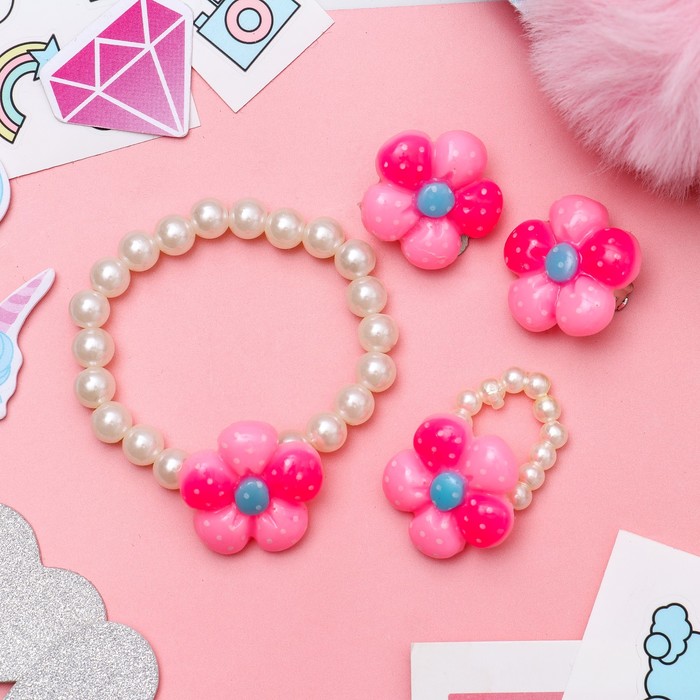 Набор детский "Выбражулька" 3 предмета: клипсы, браслет, кольцо, цветок, цвет МИКС