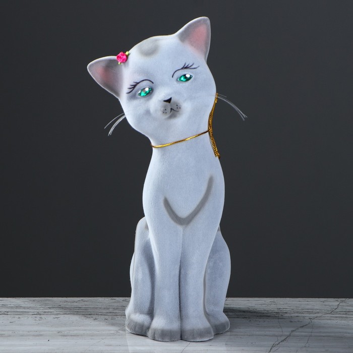 Копилка "Кошечка Ариша" большая, флок, серая, микс