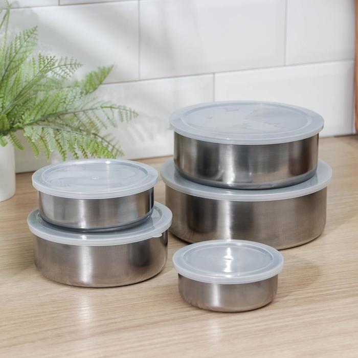 Набор салатников с крышками "Сталь", 5 шт: d=18 см (850 мл); 16 см (600 мл); 14 см (450 мл); 12 см (250 мл); 10 см (150 мл)