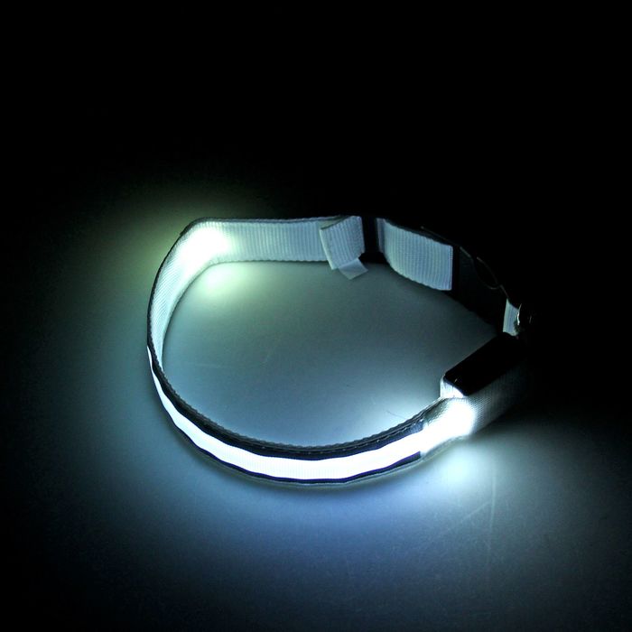 Ошейник с подсветкой и 2 светоотражающими полосами, 40-45 см, 3 режима свечения, белый